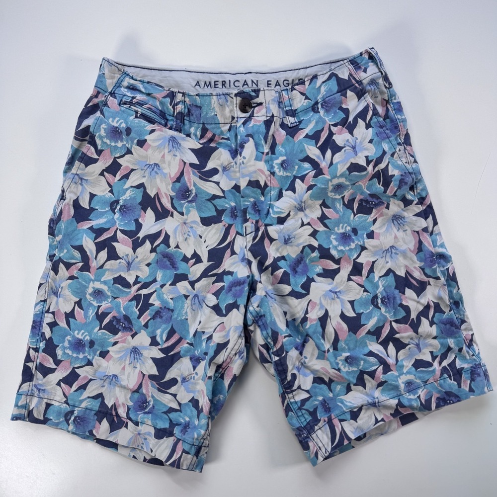 AMERICAN EAGLE 9" Classic Chino Short Flat Front Mens 30 Blue Floral Print